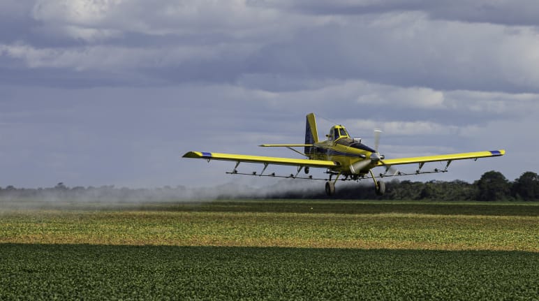 Un avion pulvérise des pesticides au-dessus d’un champ de soja dans l’État de Maranhão au Brésil Un avion à hélice pulvérise des pesticides au-dessus d’un champ de soja